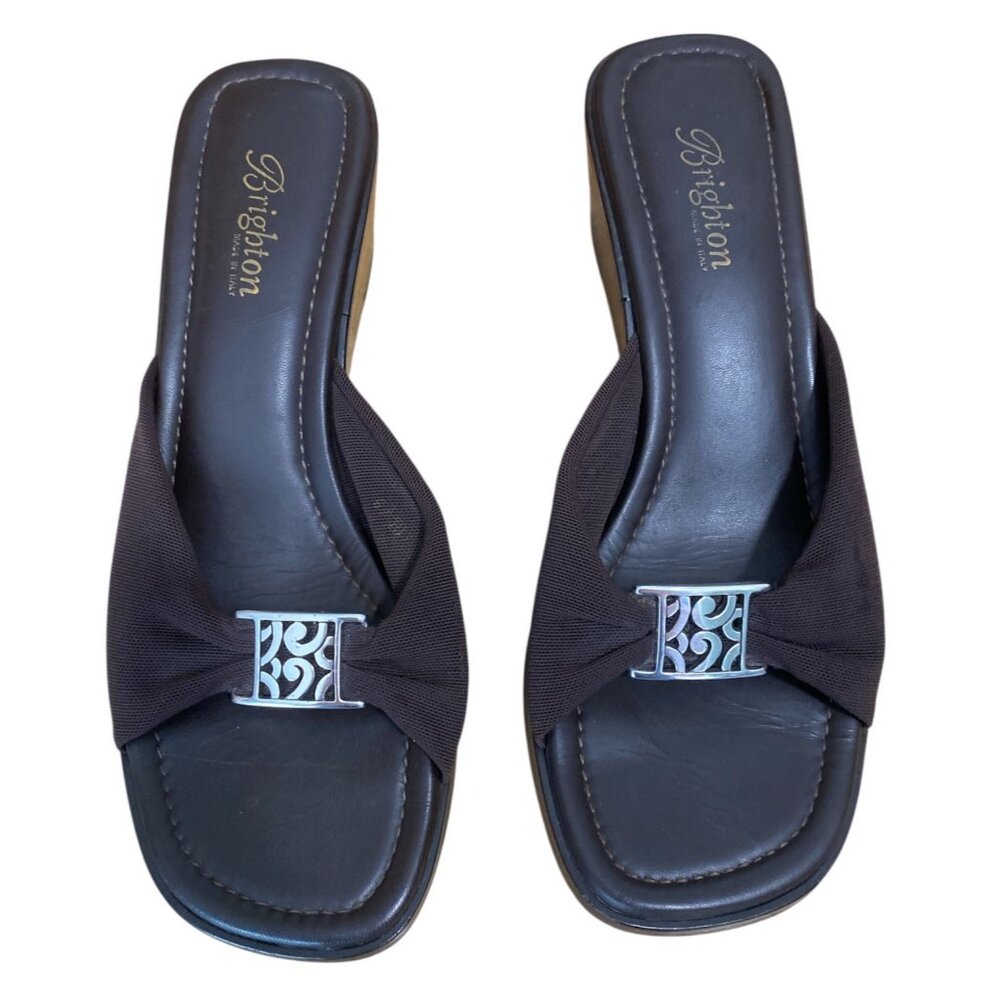 Brighton Slip On Wedge Sandals Fabric Upper Sz 8.5M Dark Brown